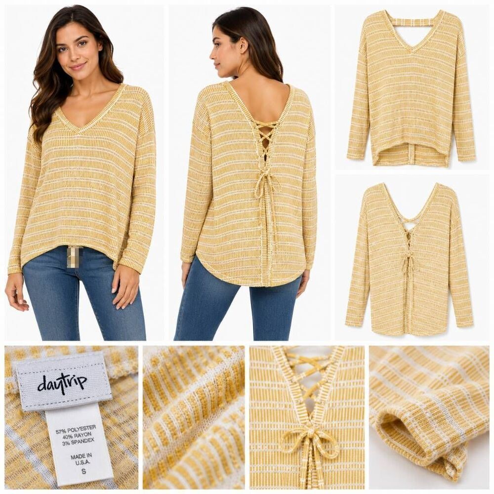 Daytrip Yellow Stripe Knit Top V Neck Small